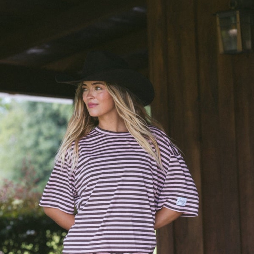 Fancy Striped Oversized Short Sleeve Top/Short Set - Peony/Chocolate